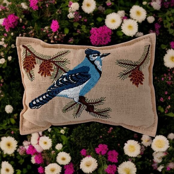 Embroidered Blue Jay MINI Pillow Sachet Farmhouse Cottage Bird Country Cabin - Picture 12 of 15